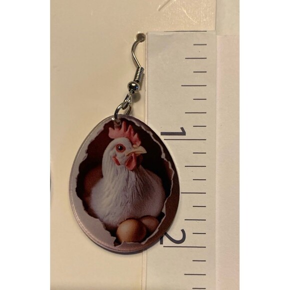 Rooster in a Chicken Egg Dangle Earrings Quirky Whimsical Kooky Barnyard Animal - Picture 5 of 6